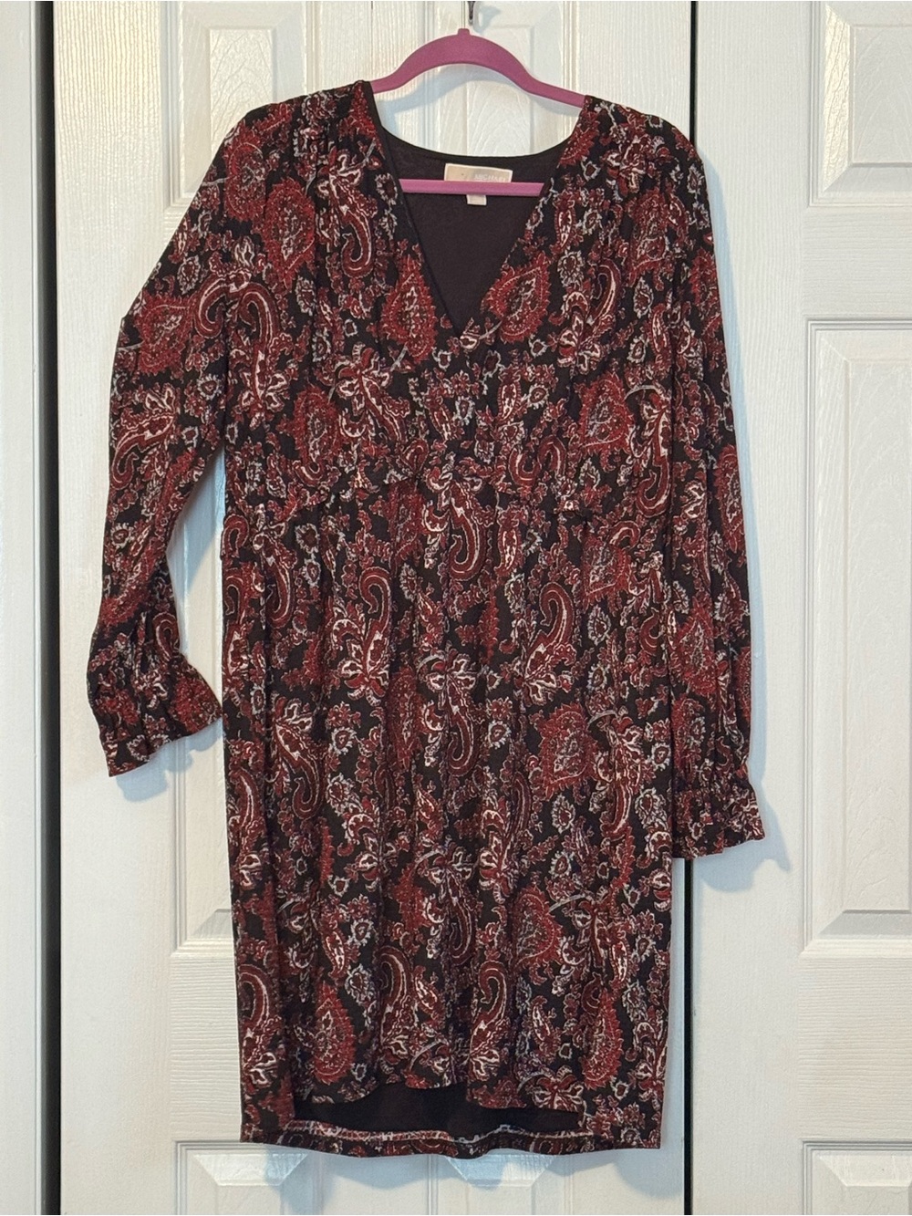 Michael Kors Burgundy and Black Paisley V-Neck Long Sleeve Dress